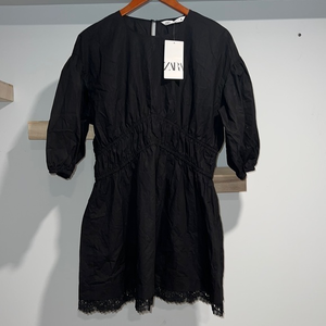 Zara black puffer sleeve‎ lacy dress NWT